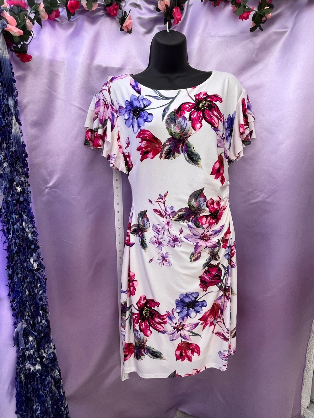 Lauren Ralph Lauren White Midi Dress with Pink and Purple Floral Print